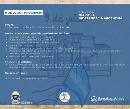 La municipalidad invita a toda la comunidad a participar del Acto Central por el Día de la Independencia Argentina